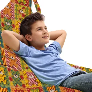 Lunarable Cabin Lounger Chair Bag, Colorful Pattern with Patchwork Style Teddy Bears Toys Funny Print, High Capacity Storage with Handle Container, Lounger Size, Multicolor