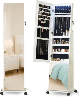 LUXFURNI 63" Full Length Mirror with Storage, 6 LEDs Rotating Jewelry Armoire with Mirror, Standing Mirror Jewelry Cabinet with 4 Wheel, 3 Tall Outer Shelves Lockable Jewelry Organizer Mirror