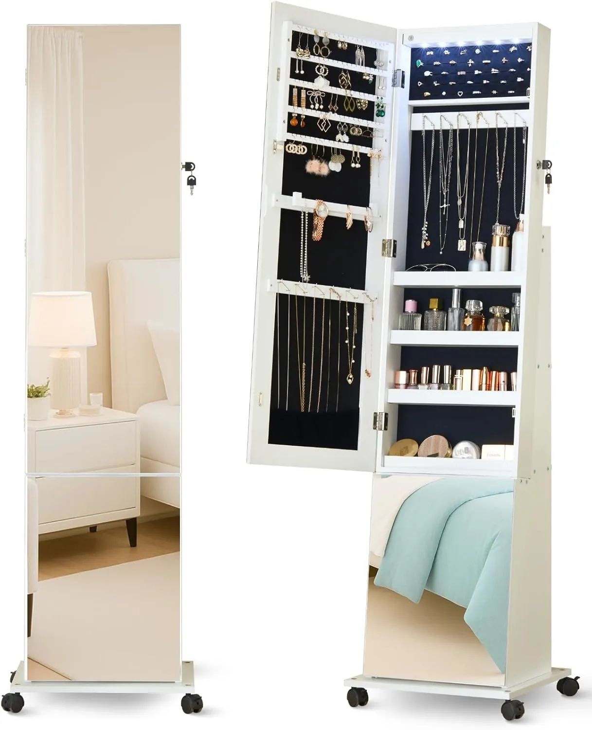 LUXFURNI 63" Full Length Mirror with Storage, 6 LEDs Rotating Jewelry Armoire with Mirror, Standing Mirror Jewelry Cabinet with 4 Wheel, 3 Tall Outer Shelves Lockable Jewelry Organizer Mirror