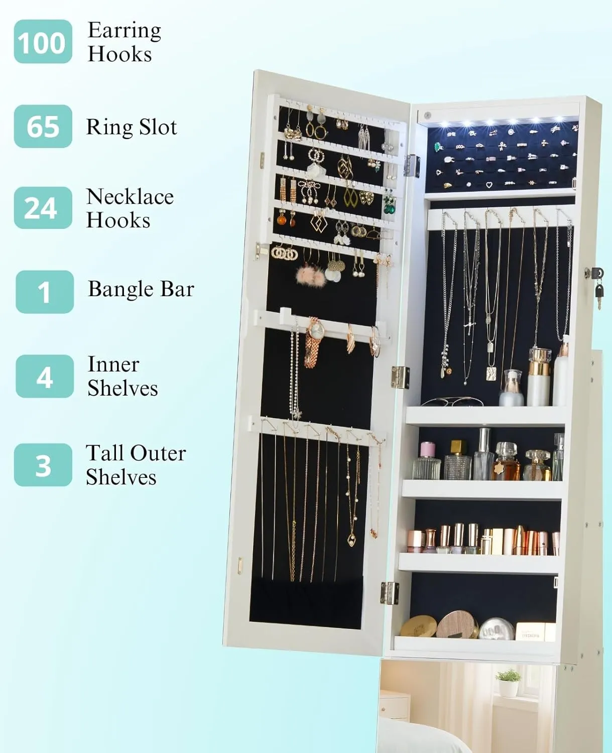 LUXFURNI 63" Full Length Mirror with Storage, 6 LEDs Rotating Jewelry Armoire with Mirror, Standing Mirror Jewelry Cabinet with 4 Wheel, 3 Tall Outer Shelves Lockable Jewelry Organizer Mirror