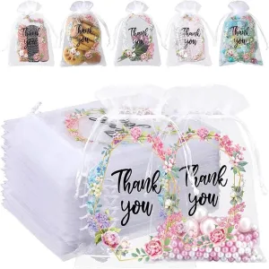LXKBD 100PCS Organza Gift Bags for Jewelry Party Wedding Favor, 4x6 Inch Thank You White Sheer Drawstring Mesh Pouch Candy Bag