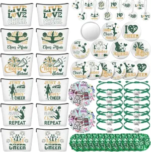 Lyrow 160 Pcs Cheerleader Gifts Bulk for Team Cheer Scrunchies Hair Ties Makeup Bag Cheer Mirror Bracelet Keychain Sticker