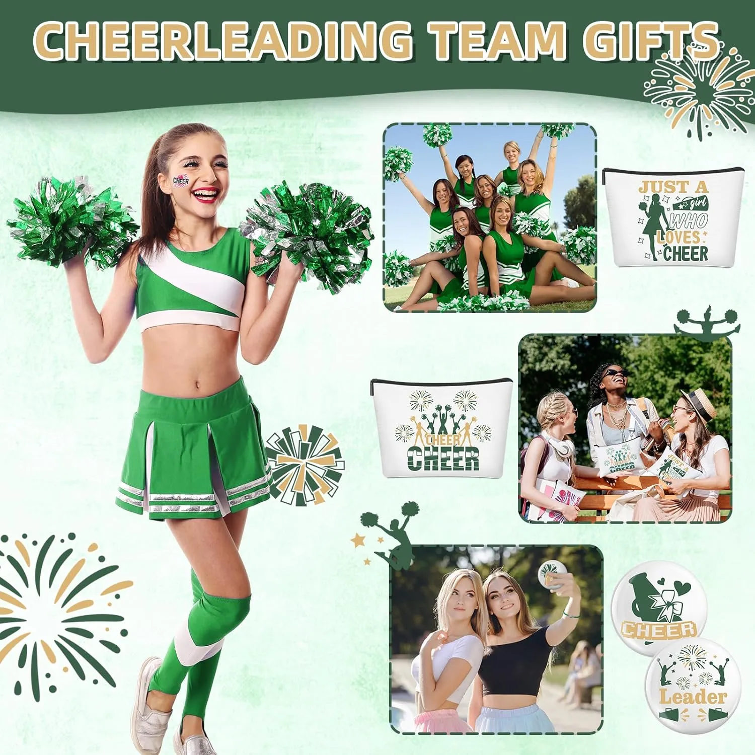 Lyrow 160 Pcs Cheerleader Gifts Bulk for Team Cheer Scrunchies Hair Ties Makeup Bag Cheer Mirror Bracelet Keychain Sticker