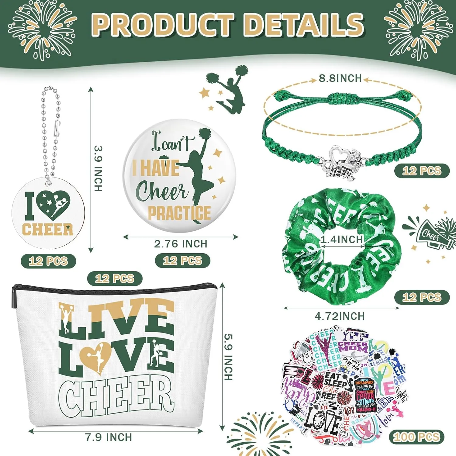 Lyrow 160 Pcs Cheerleader Gifts Bulk for Team Cheer Scrunchies Hair Ties Makeup Bag Cheer Mirror Bracelet Keychain Sticker