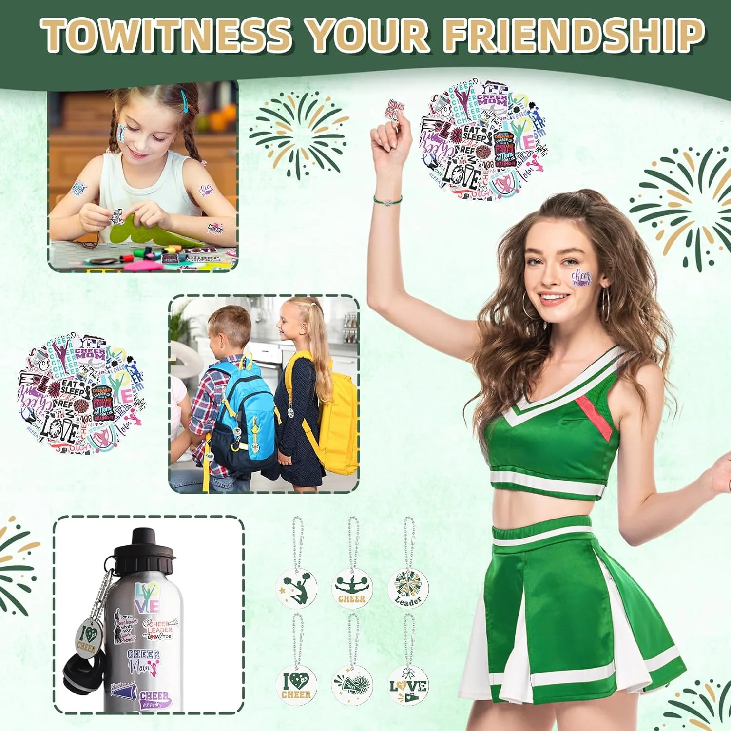 Lyrow 160 Pcs Cheerleader Gifts Bulk for Team Cheer Scrunchies Hair Ties Makeup Bag Cheer Mirror Bracelet Keychain Sticker