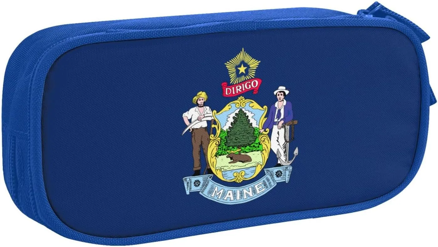 Maine State Flag print Double zip stationery bag for office.Pen Case,Travel bag makeup bag daily storage