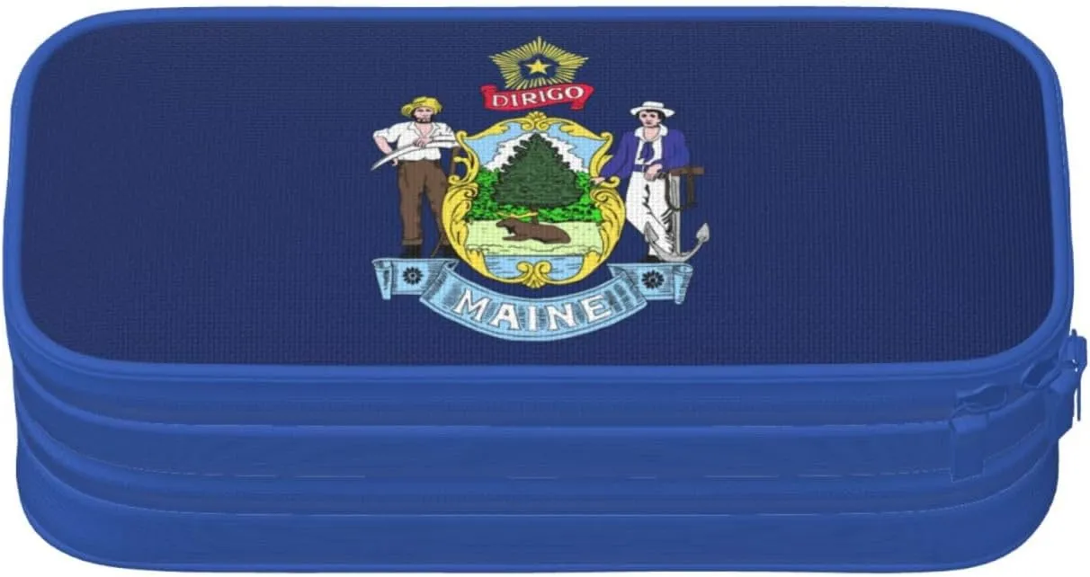 Maine State Flag print Double zip stationery bag for office.Pen Case,Travel bag makeup bag daily storage