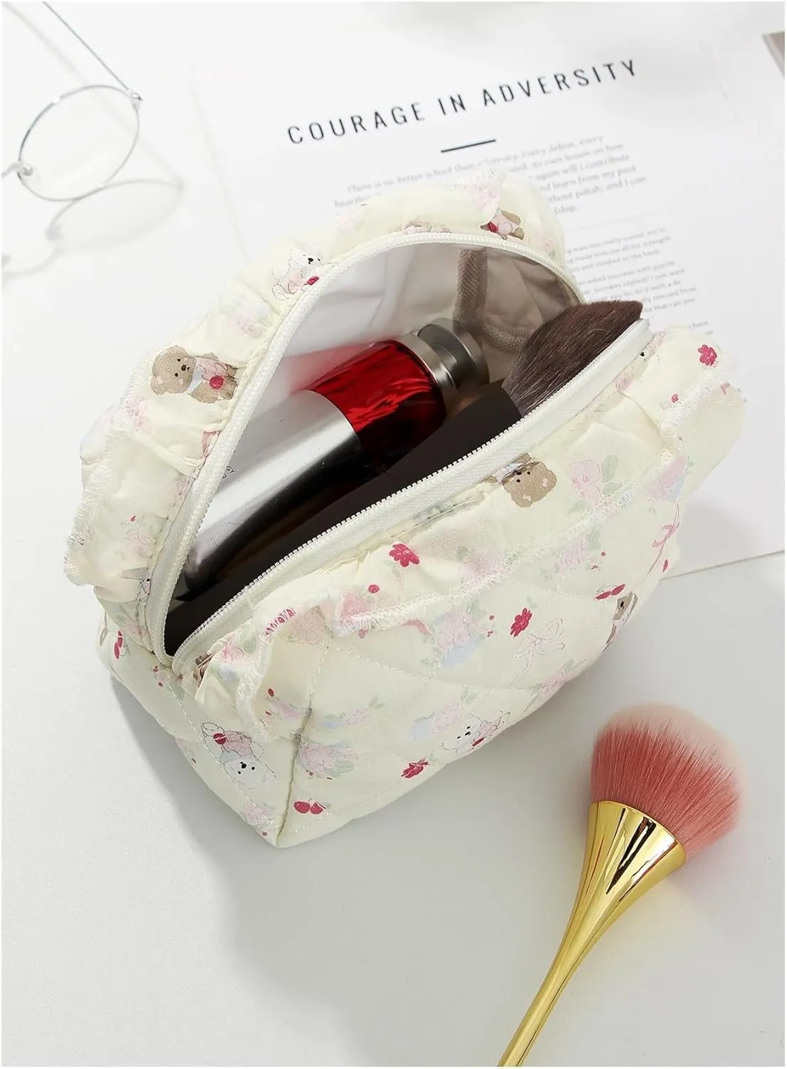 makeup bag 1pcs Bear Bow Quilted Octagonal Ruffle Design Makeup Bag, Cute Travel Toiletry Bag(Beige)