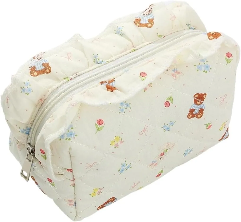 makeup bag 1pcs Bear Bow Quilted Octagonal Ruffle Design Makeup Bag, Cute Travel Toiletry Bag(Beige)