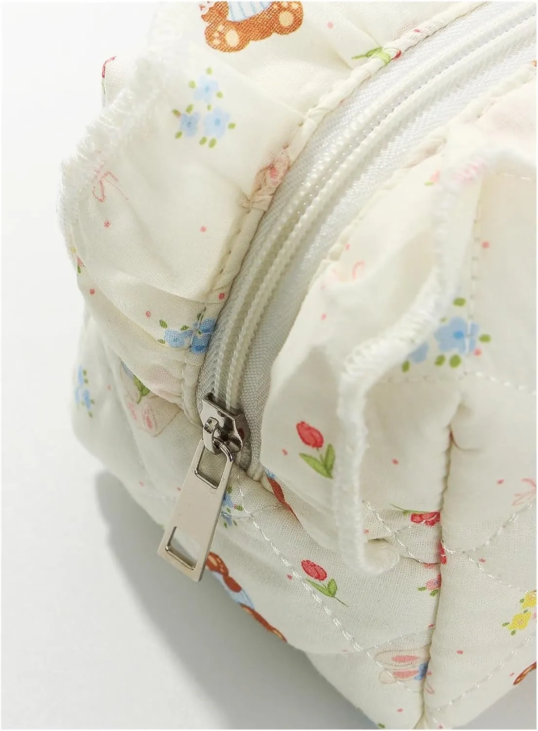 makeup bag 1pcs Bear Bow Quilted Octagonal Ruffle Design Makeup Bag, Cute Travel Toiletry Bag(Beige)