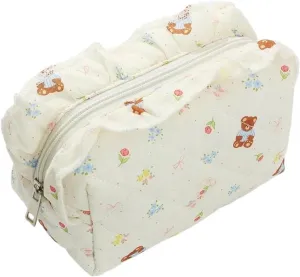 makeup bag 1pcs Bear Bow Quilted Octagonal Ruffle Design Makeup Bag, Cute Travel Toiletry Bag(Beige)