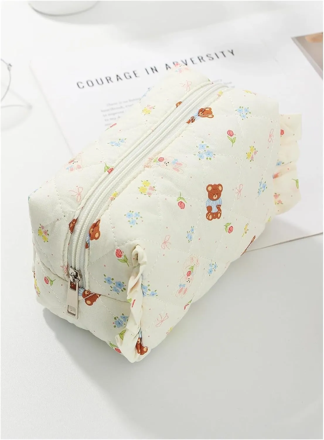 makeup bag 1pcs Bear Bow Quilted Octagonal Ruffle Design Makeup Bag, Cute Travel Toiletry Bag(Beige)