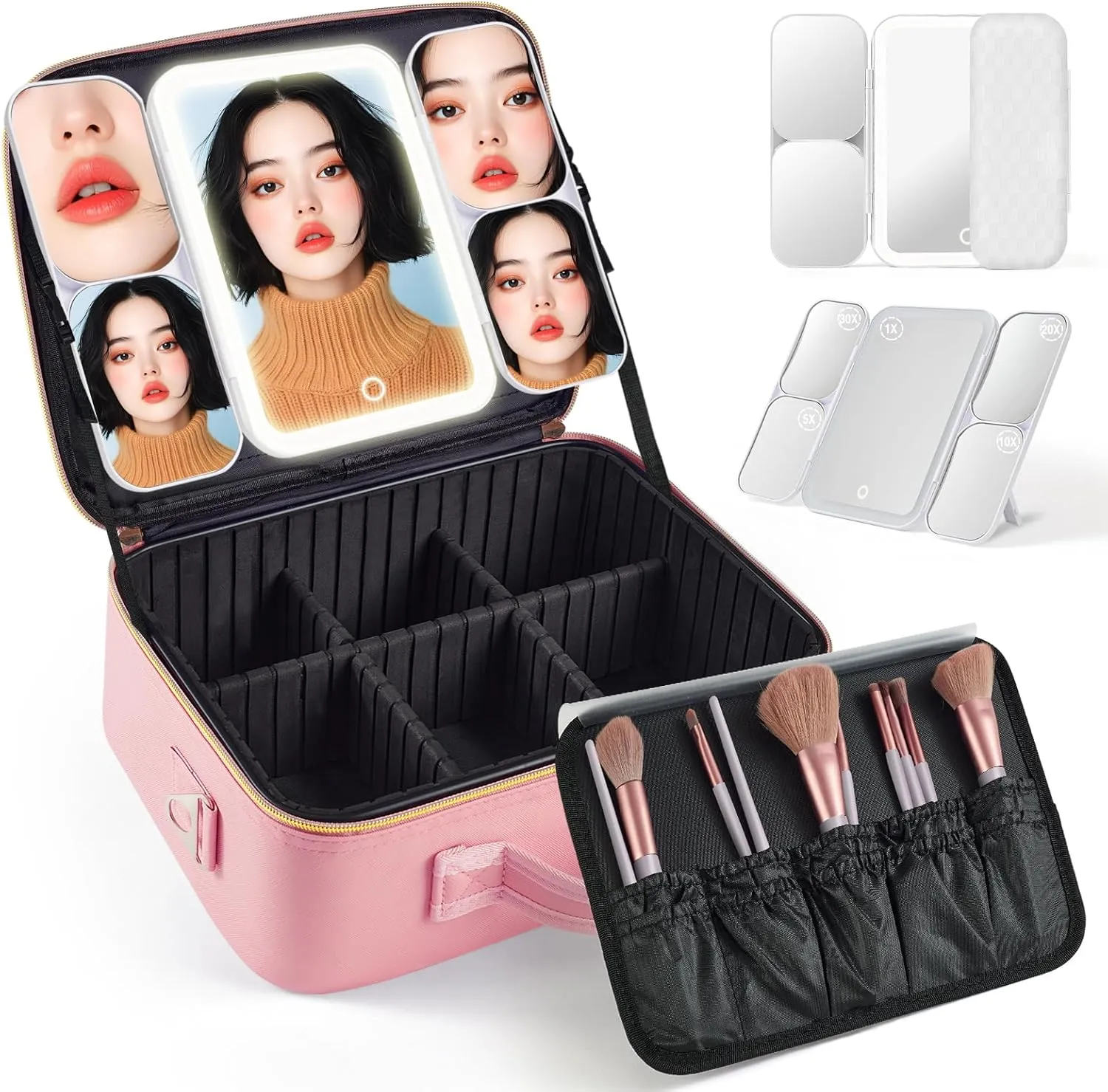 Makeup Bag with LED 1X5X10X20X30X Magnifying Mirror and Travel Makeup Train Case Cosmetic Organiser with LED Mirror and Separate Makeup Brush Panel, Portable Adjustable Divider Storage Bag, Pink