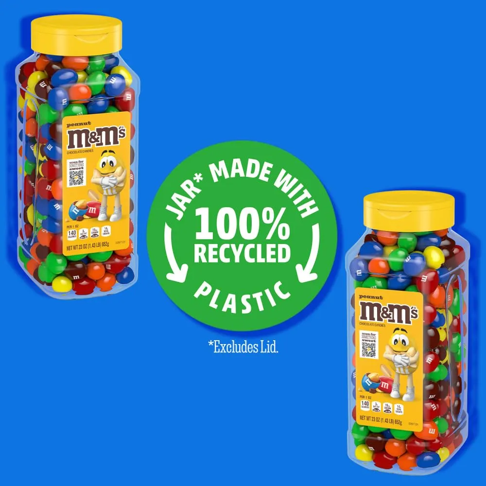 M&M’S Peanut Candy Jars, Assorted Chocolate Candies, Party Size Bulk, Movie Night Treats, Bulk Chocolate Candy, Buffet Chocolates, Resealable and Recyclable, 23 Oz Each, Pack of 2