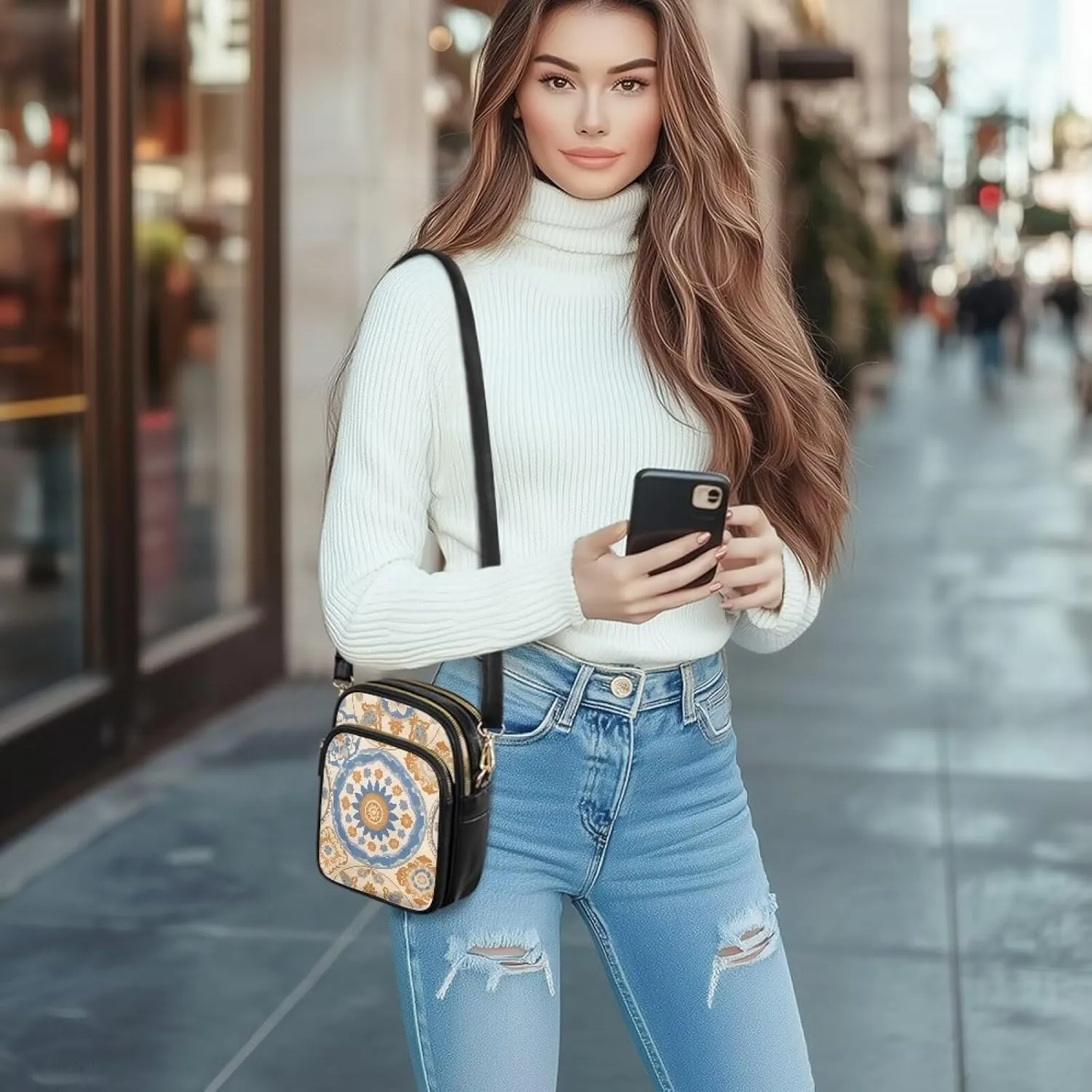 Mandala Leather Crossbody Bags for Women, Retro Dog Zipper Cell Phone Purse Passport Holder for Travel, PU Leather