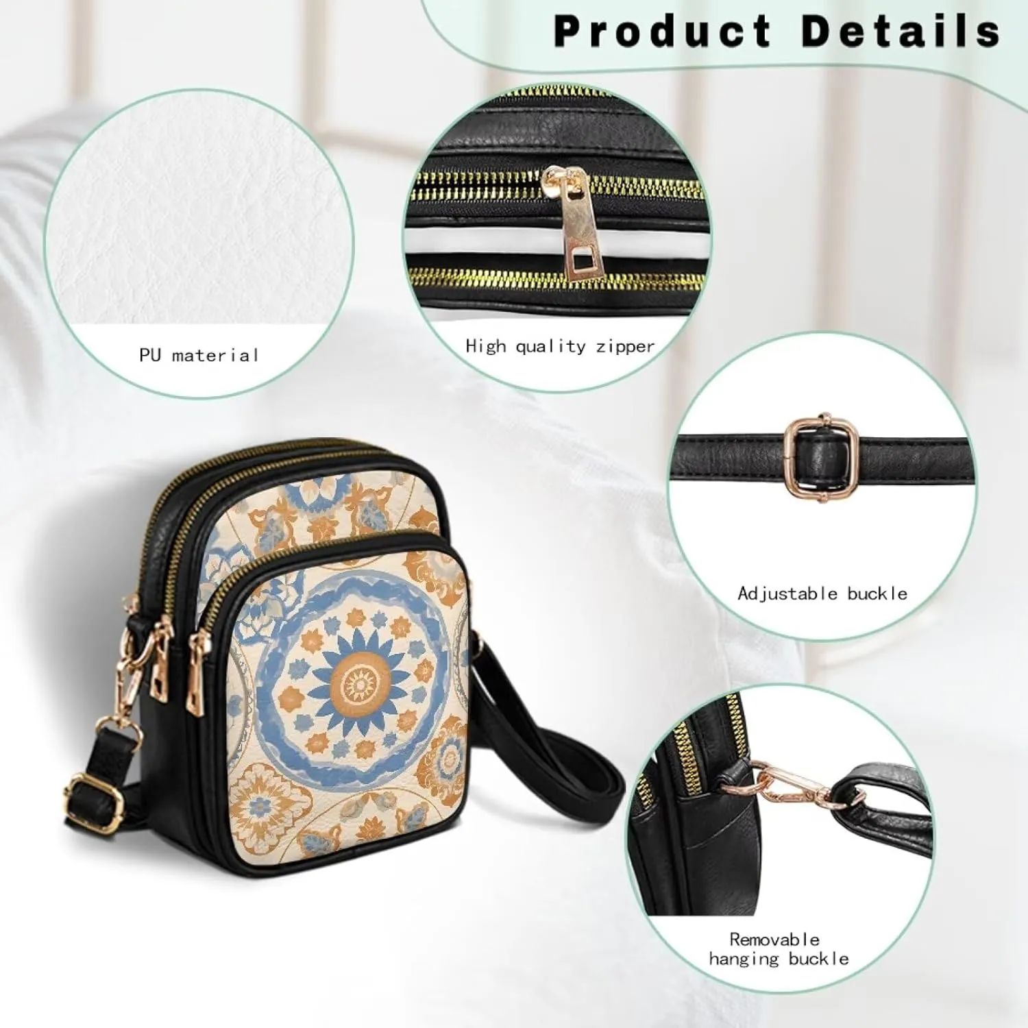 Mandala Leather Crossbody Bags for Women, Retro Dog Zipper Cell Phone Purse Passport Holder for Travel, PU Leather
