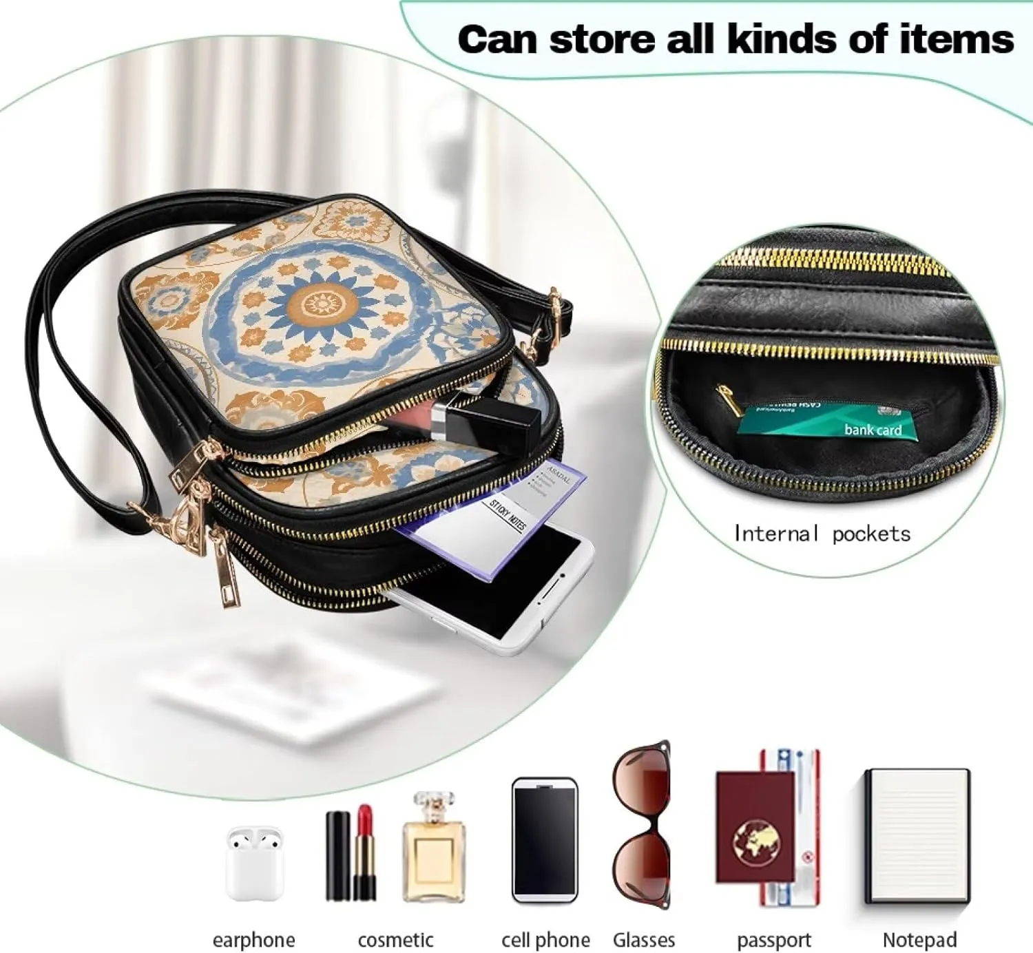 Mandala Leather Crossbody Bags for Women, Retro Dog Zipper Cell Phone Purse Passport Holder for Travel, PU Leather