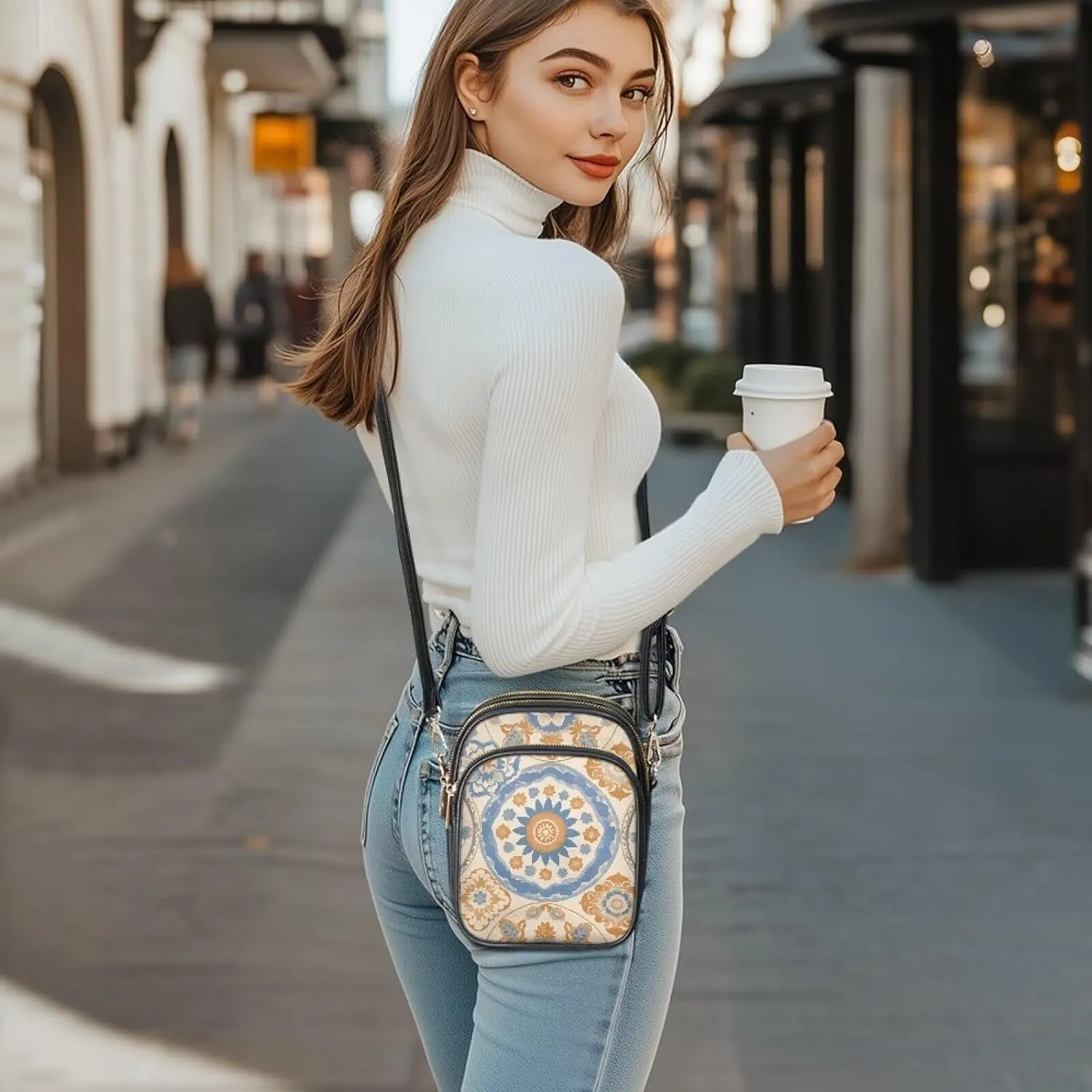 Mandala Leather Crossbody Bags for Women, Retro Dog Zipper Cell Phone Purse Passport Holder for Travel, PU Leather
