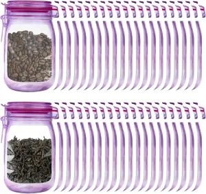 Mason Jar Bags, 40Pcs Reusable Airtight Seal Food Storage Bags ziplock Seal, Leak-Proof Saver Bag for Kitchen, Travel, Camping & Picnics(13 OZ)