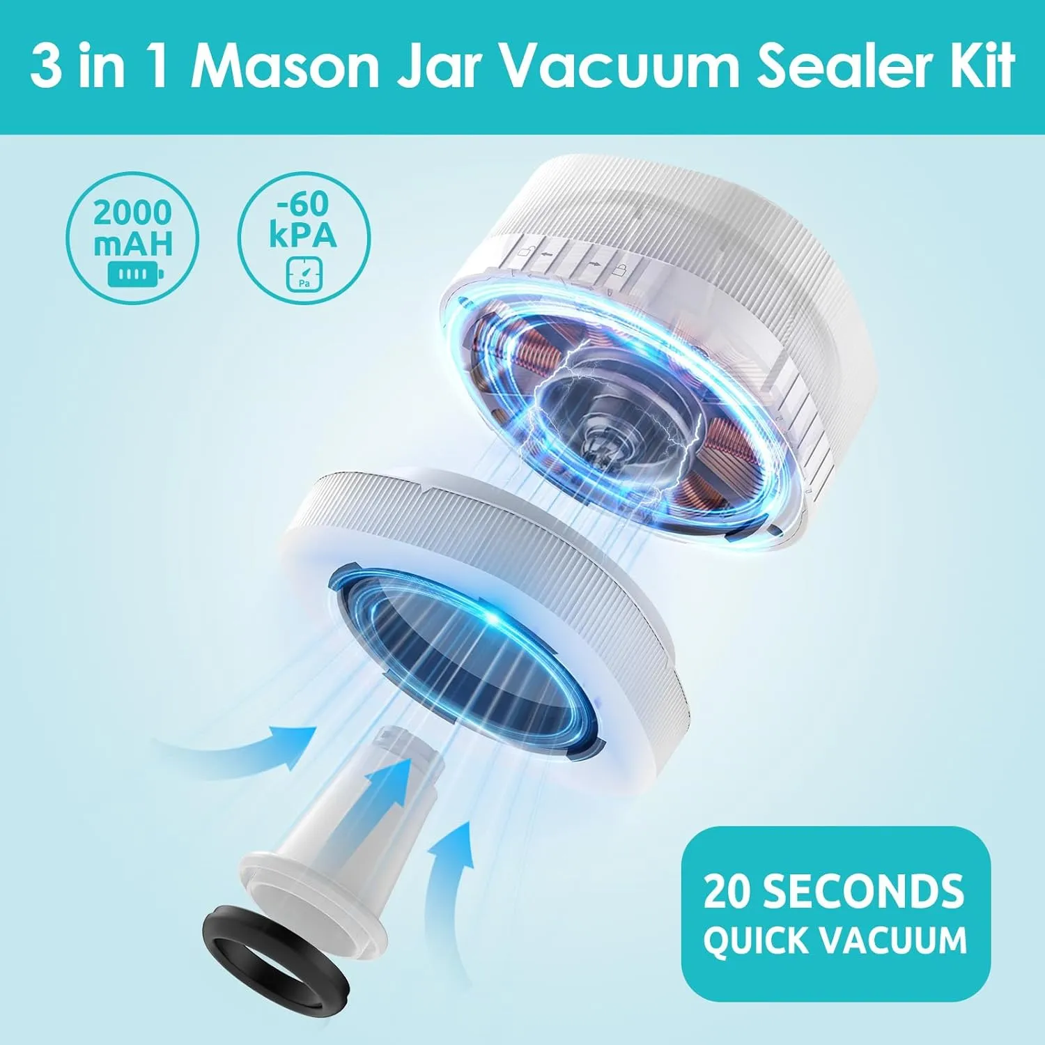 Mason Jar Vacuum Sealer for Wide & Regular Mouth Mason Lids and Vacuum Bags, Electric Mason Jar Vacuum Sealer for Food Storage, 3-in-1 Cordless Vacuum Sealer Machine White