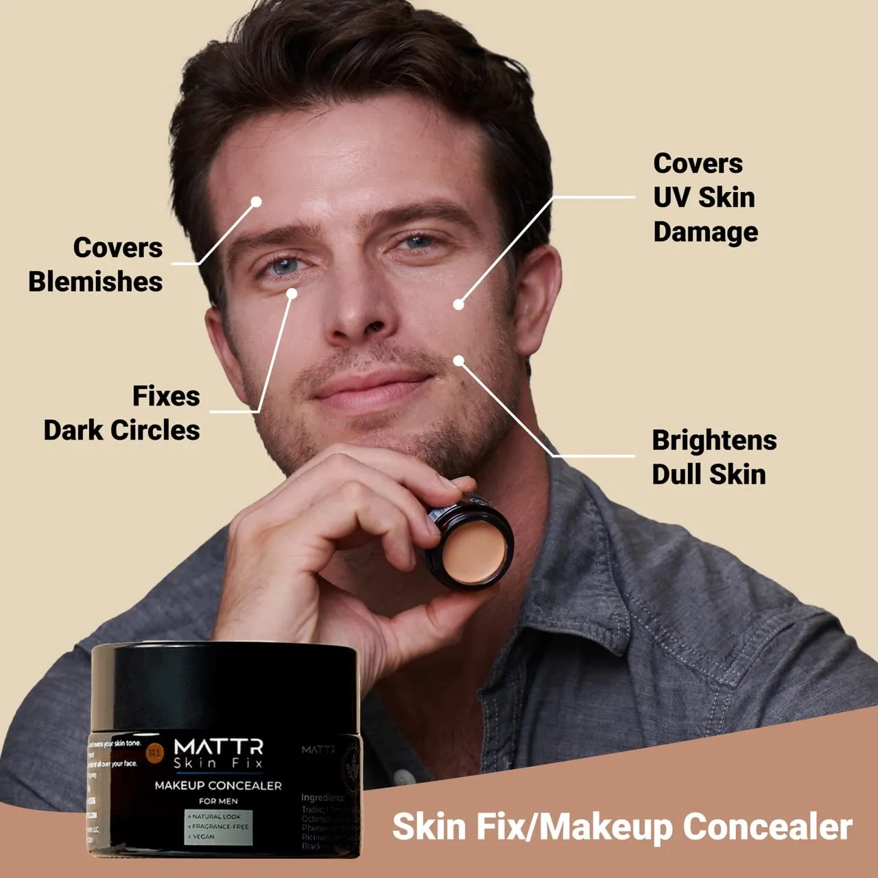 MATTR Skin Fix - Luxury - Easy for Men - Tinted Concealer - Visibly Covers Fine Lines, Under-Eye Bags, Razor Burns, Pimples - Vegan Makeup - Perfect for Gym Bag or Travel - 15g (D1)