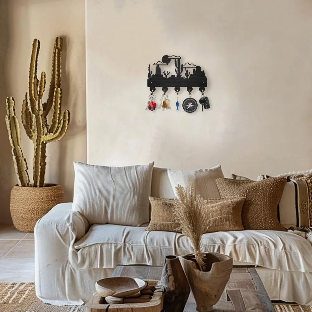 MAYJOYDIY Cactus Desert Coat Rack Wall Mount Wood Desert Landscape Key Holder for Wall 11.8×7.3inch 5 Alloy Hooks Wall Art Decor Black Key Rack Organizer for Gift Entryway Hallway Kitchen Room