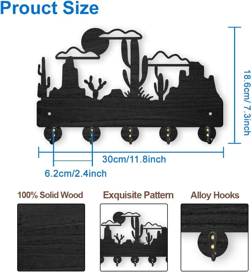 MAYJOYDIY Cactus Desert Coat Rack Wall Mount Wood Desert Landscape Key Holder for Wall 11.8×7.3inch 5 Alloy Hooks Wall Art Decor Black Key Rack Organizer for Gift Entryway Hallway Kitchen Room