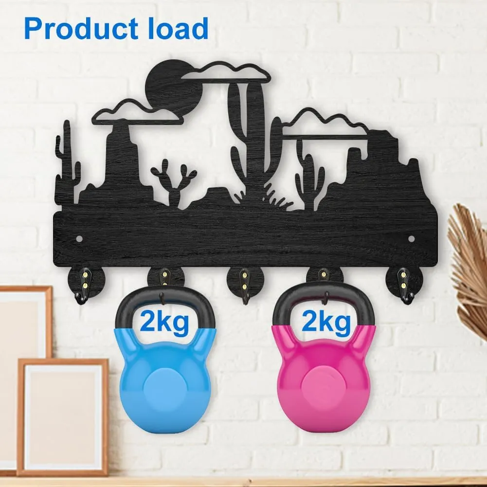 MAYJOYDIY Cactus Desert Coat Rack Wall Mount Wood Desert Landscape Key Holder for Wall 11.8×7.3inch 5 Alloy Hooks Wall Art Decor Black Key Rack Organizer for Gift Entryway Hallway Kitchen Room