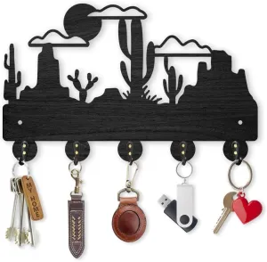 MAYJOYDIY Cactus Desert Coat Rack Wall Mount Wood Desert Landscape Key Holder for Wall 11.8×7.3inch 5 Alloy Hooks Wall Art Decor Black Key Rack Organizer for Gift Entryway Hallway Kitchen Room
