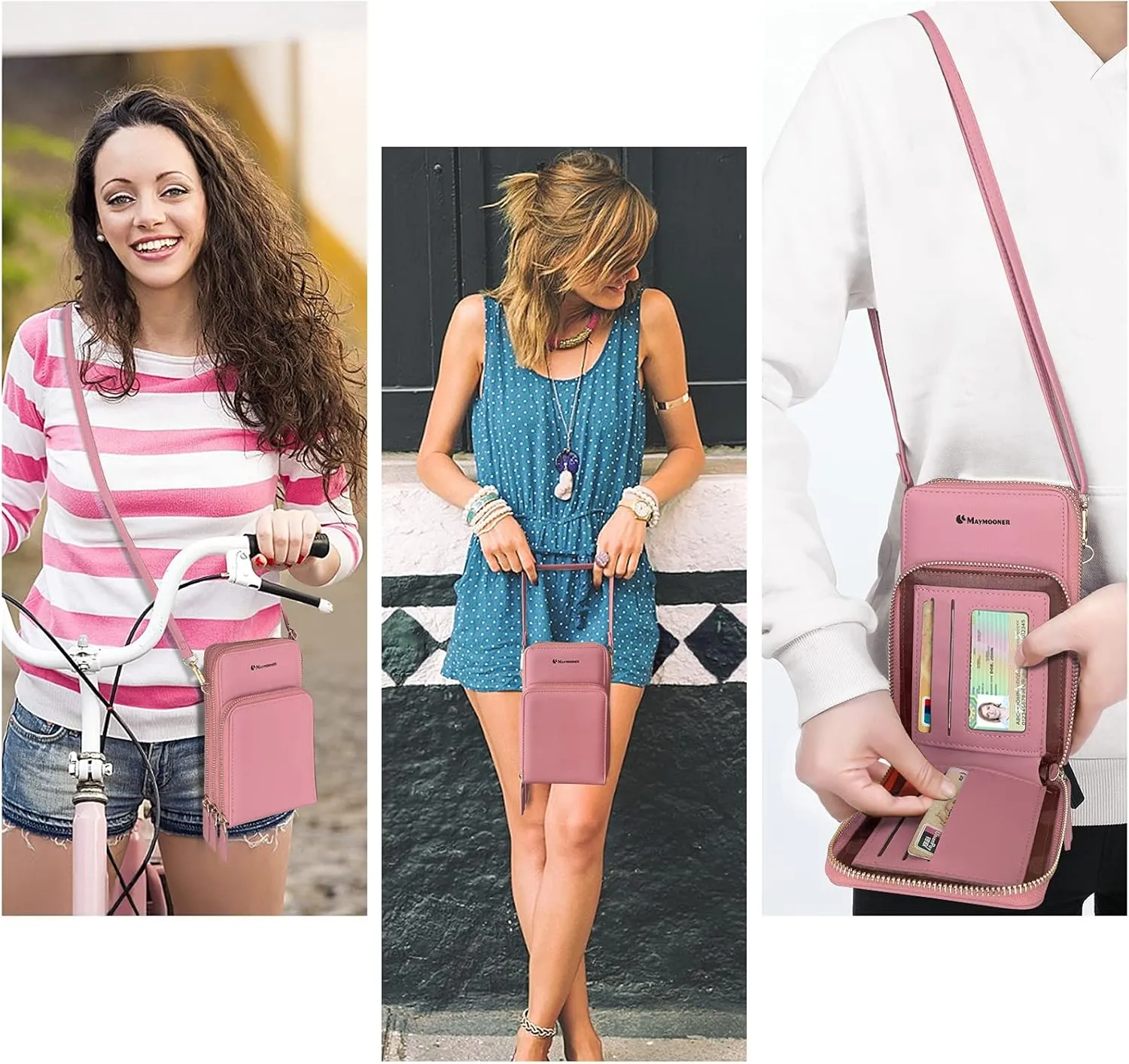 MAYMOONER Cell Phone Purse for Women, Small Crossbody Bag PU Leather with Card Slots Multiple Zipper Closure