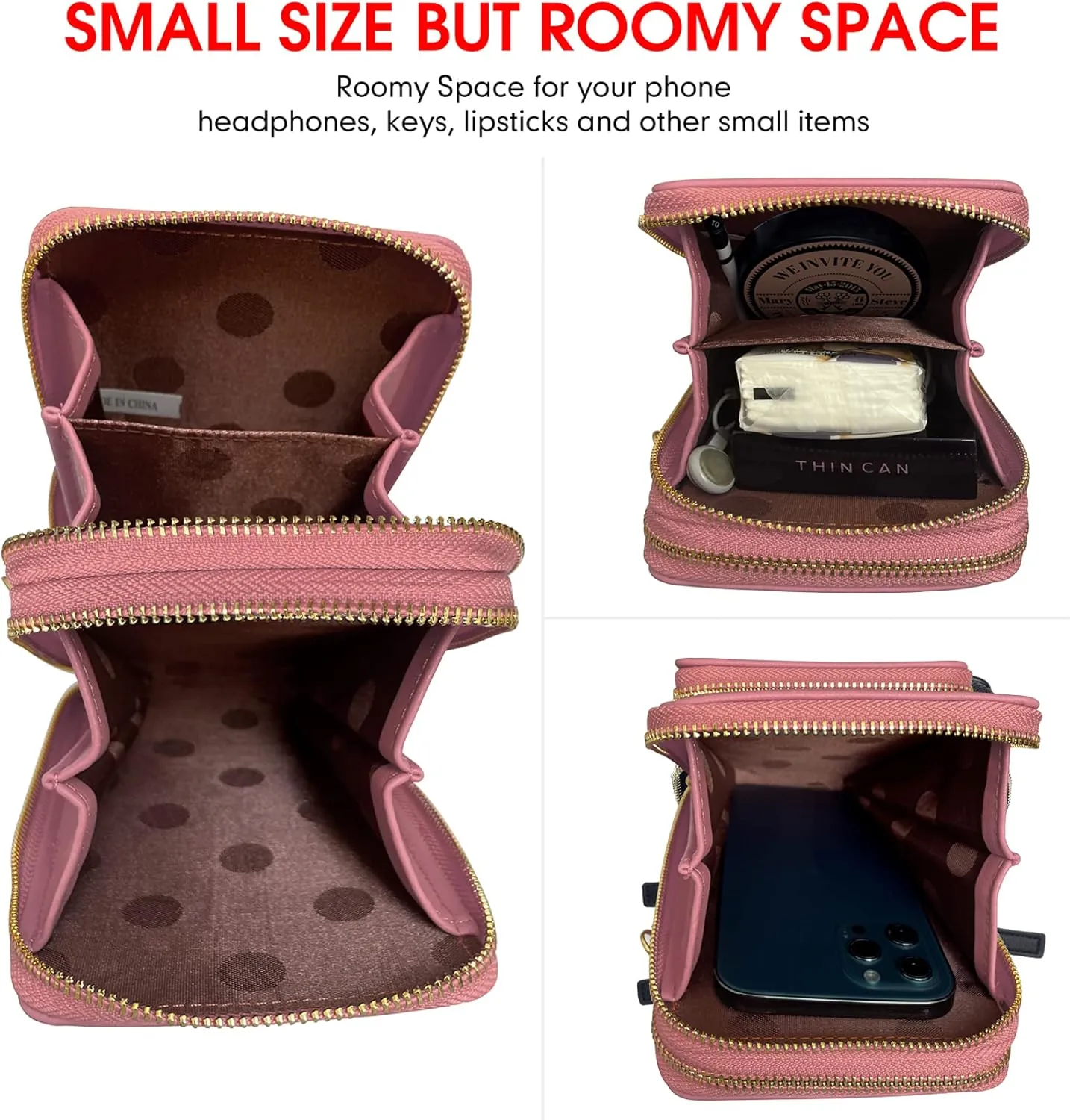 MAYMOONER Cell Phone Purse for Women, Small Crossbody Bag PU Leather with Card Slots Multiple Zipper Closure