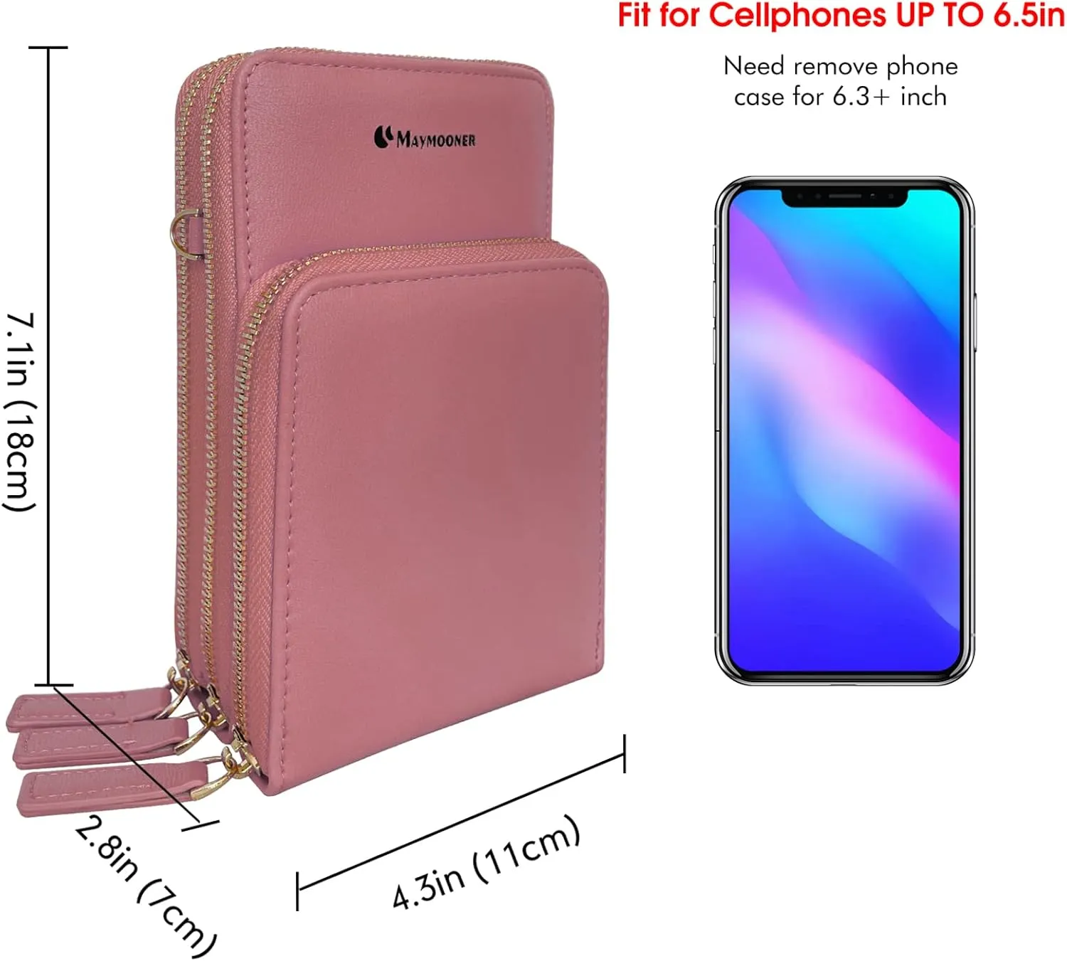 MAYMOONER Cell Phone Purse for Women, Small Crossbody Bag PU Leather with Card Slots Multiple Zipper Closure