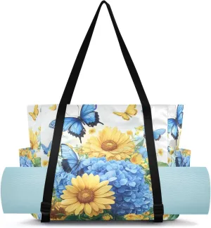 MCHIVER Flowers Butterflies White Black Yoga Bags for Women Pilates Bag with Adjustable Space for Yoga Mat Carrier for Beach Office Gym Workout Travel