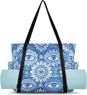 MCHIVER Flowers Eyes Mandala Blue Black Yoga Bags for Women Pilates Bag with Adjustable Space for Yoga Mat Carrier for Travel Workout Gym Office