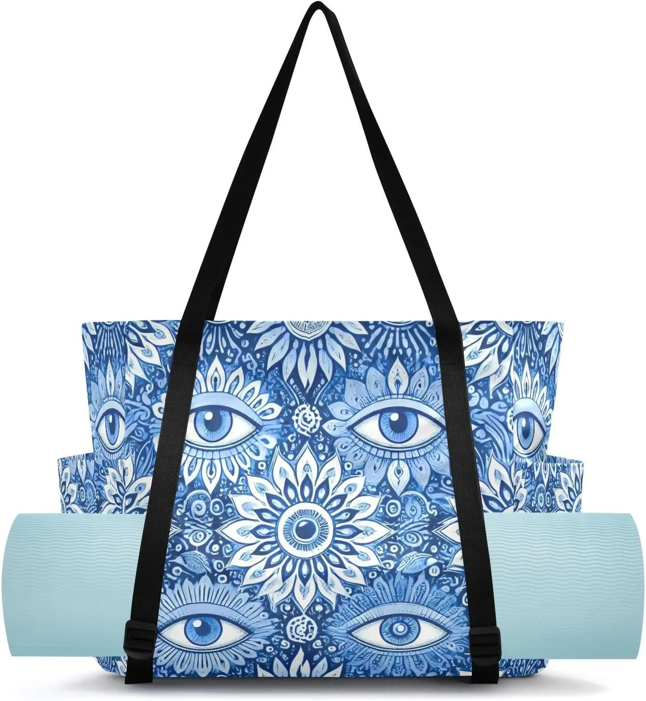 MCHIVER Flowers Eyes Mandala Blue Black Yoga Bags for Women Pilates Bag with Adjustable Space for Yoga Mat Carrier for Travel Workout Gym Office