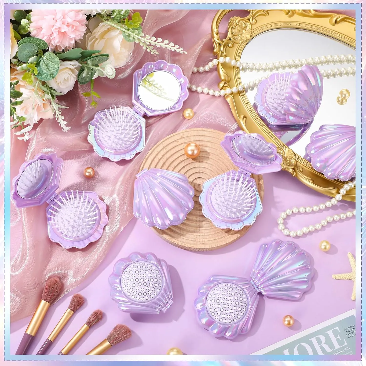 Meanplan 12 Pcs Mini Foldable Travel Hair Brush with Mirror Shell Shape Pocket Makeup Mirror Compact Hair Massage Comb Brush for Women Girls Hairstyles Bridal Shower Gift Party Supplies(Purple)