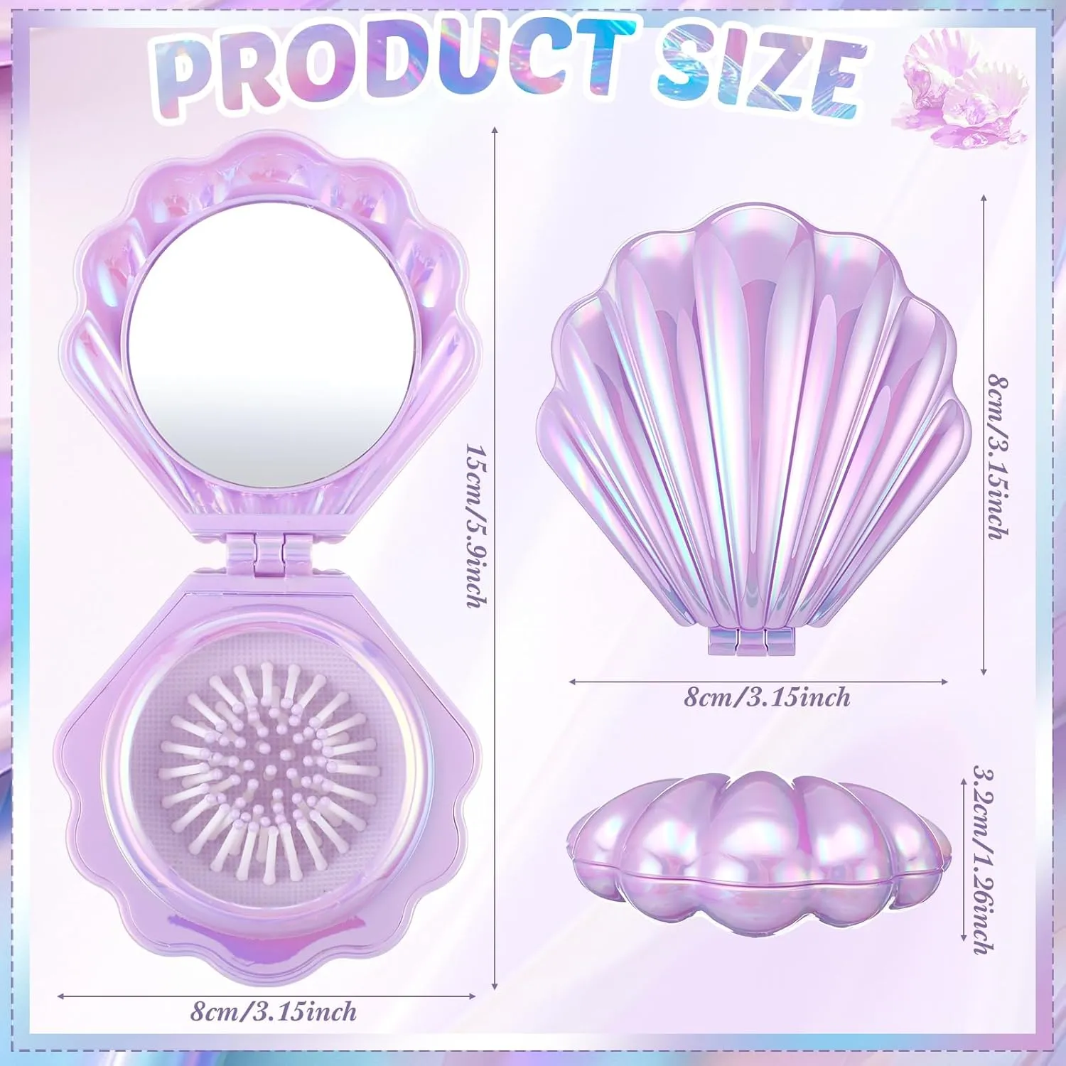 Meanplan 12 Pcs Mini Foldable Travel Hair Brush with Mirror Shell Shape Pocket Makeup Mirror Compact Hair Massage Comb Brush for Women Girls Hairstyles Bridal Shower Gift Party Supplies(Purple)