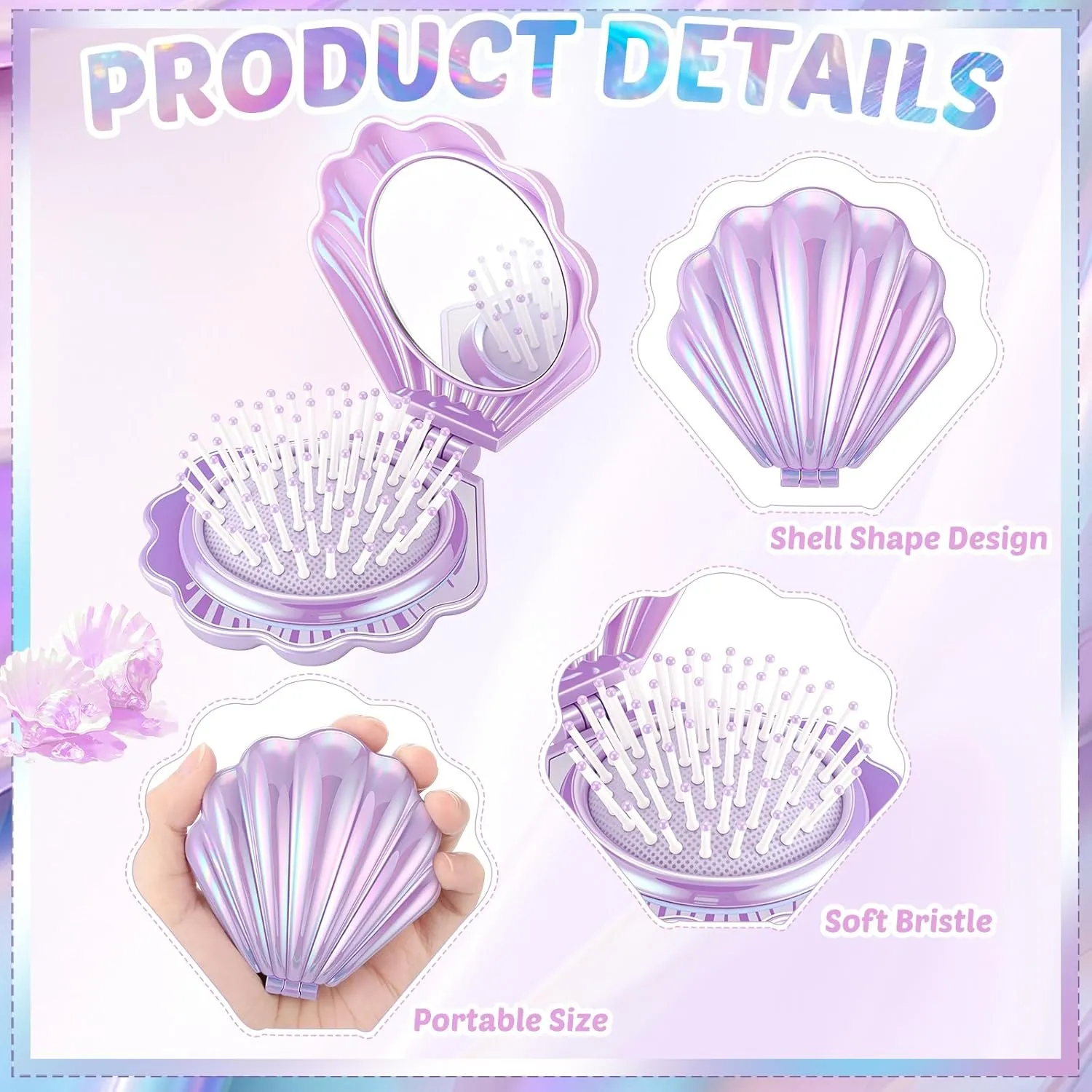 Meanplan 12 Pcs Mini Foldable Travel Hair Brush with Mirror Shell Shape Pocket Makeup Mirror Compact Hair Massage Comb Brush for Women Girls Hairstyles Bridal Shower Gift Party Supplies(Purple)