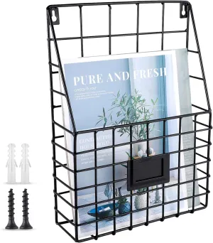 Metal Wire Wall Mounted Magazine Holder, Wall Hanging Organizer holder for Files, Newspapers, Magazines with Tag Slot for Office, Home Organization, Black