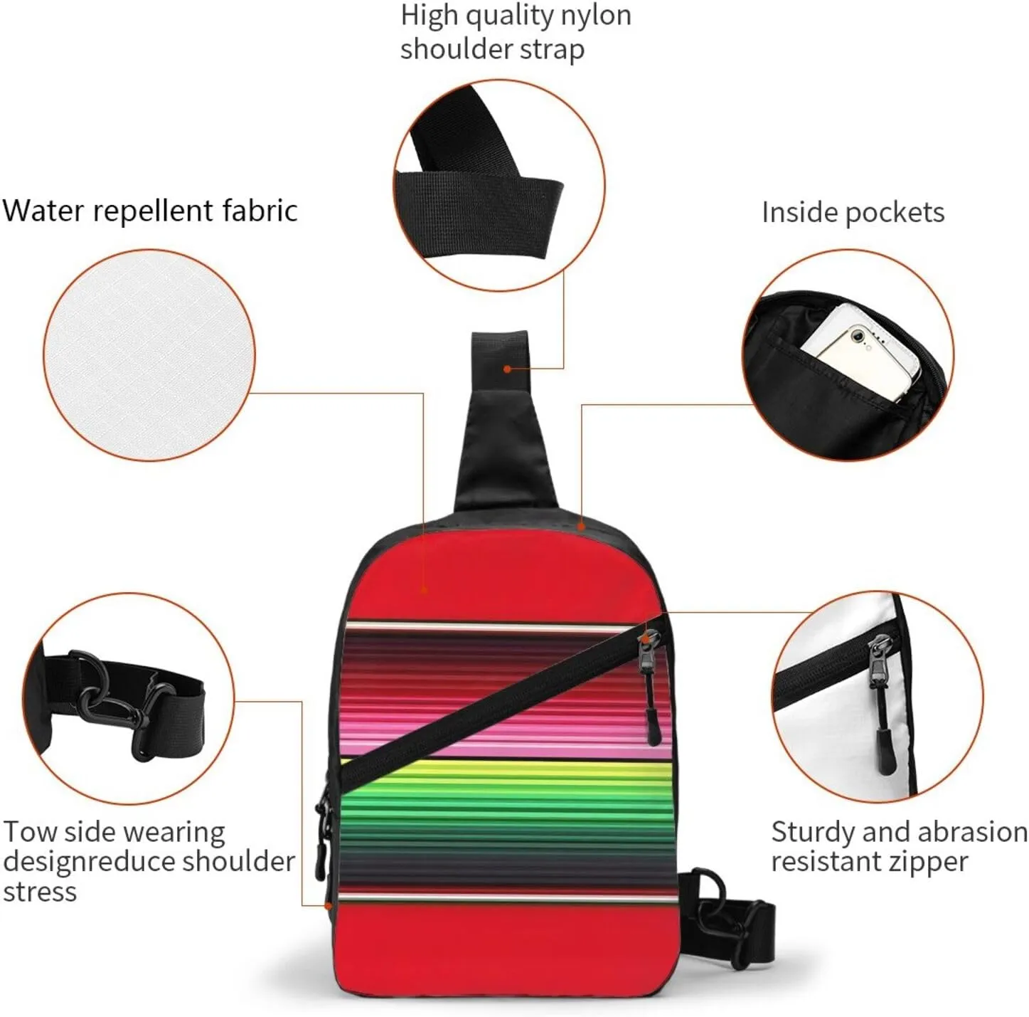 Mexican Red Green Stripes Crossbody Bag Portable Sling Bags Foldable Chest Daypack Reusable Sports Shoulder Backpack Diagonally Casual Rucksack Travel Bag