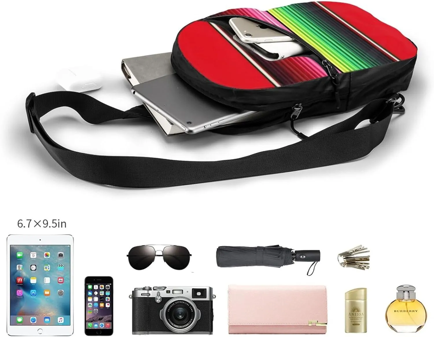 Mexican Red Green Stripes Crossbody Bag Portable Sling Bags Foldable Chest Daypack Reusable Sports Shoulder Backpack Diagonally Casual Rucksack Travel Bag
