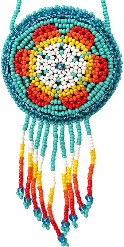 Mia Jewel Shop Round Beaded Medicine Pouch Seed Bead Flower Mandala Fringe Dangle Necklace Strap - Womens Handmade Bags Boho Travel Accessories