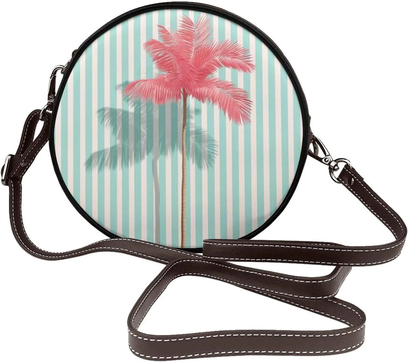 Minimalistic Pink Palm Mint Green Stripes Women Round Crossbody Bags Leather Sling Bag Purse