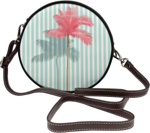 Minimalistic Pink Palm Mint Green Stripes Women Round Crossbody Bags Leather Sling Bag Purse