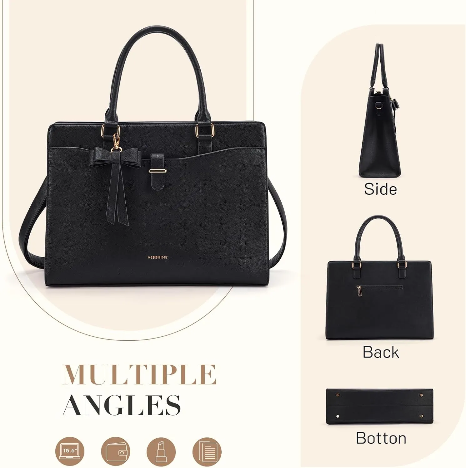 Missnine Laptop Tote Bag for Women 15.6 Inch Leather Work Bags Teacher Computer Purse Briefcase Handbag for Office, Travel