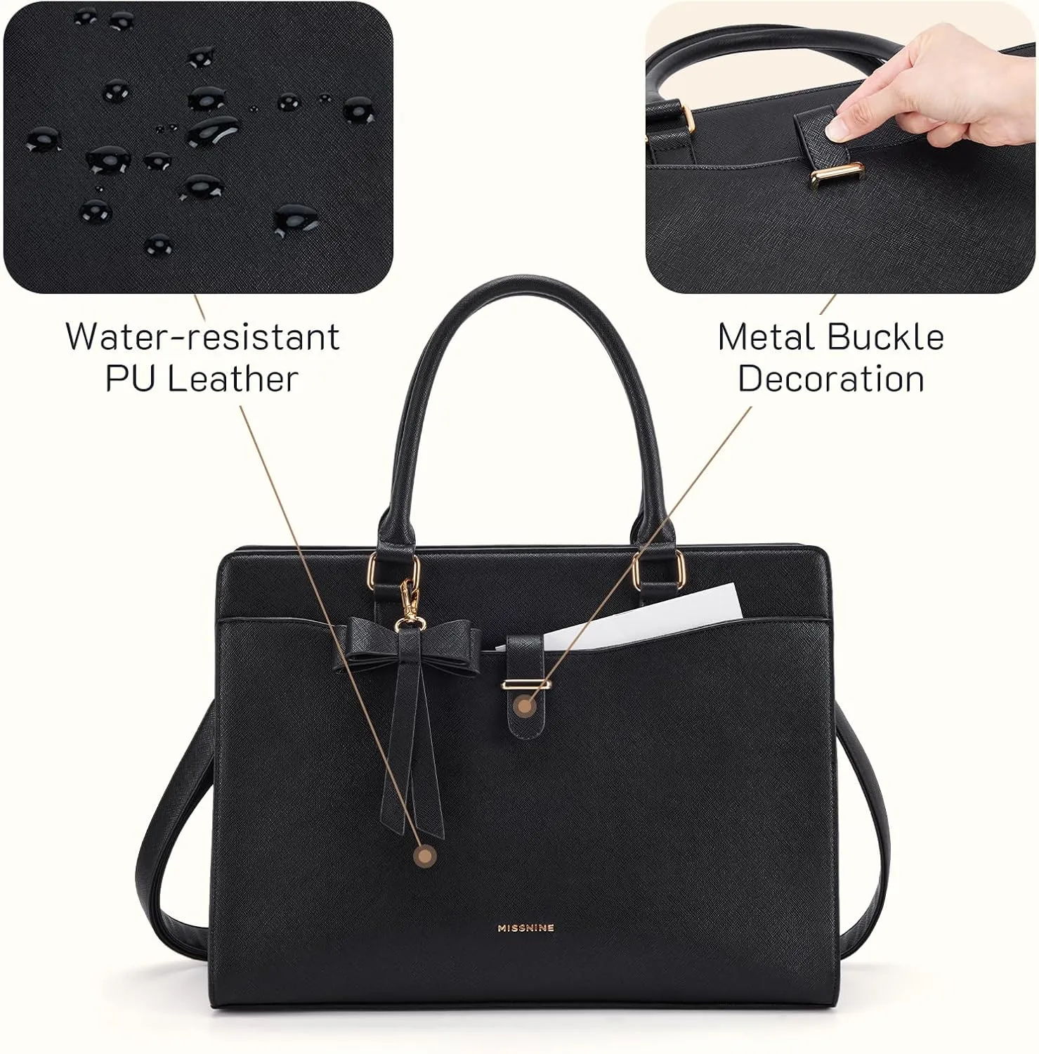 Missnine Laptop Tote Bag for Women 15.6 Inch Leather Work Bags Teacher Computer Purse Briefcase Handbag for Office, Travel