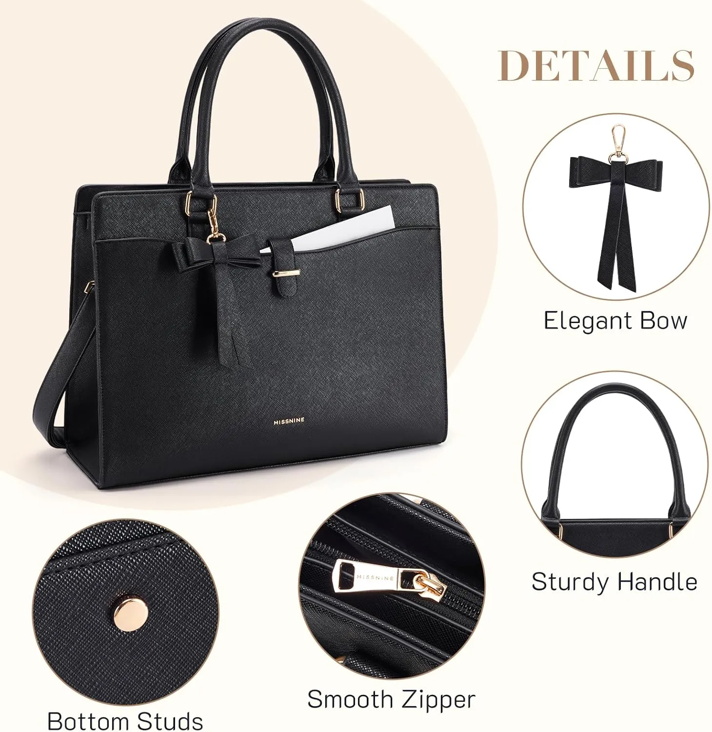 Missnine Laptop Tote Bag for Women 15.6 Inch Leather Work Bags Teacher Computer Purse Briefcase Handbag for Office, Travel