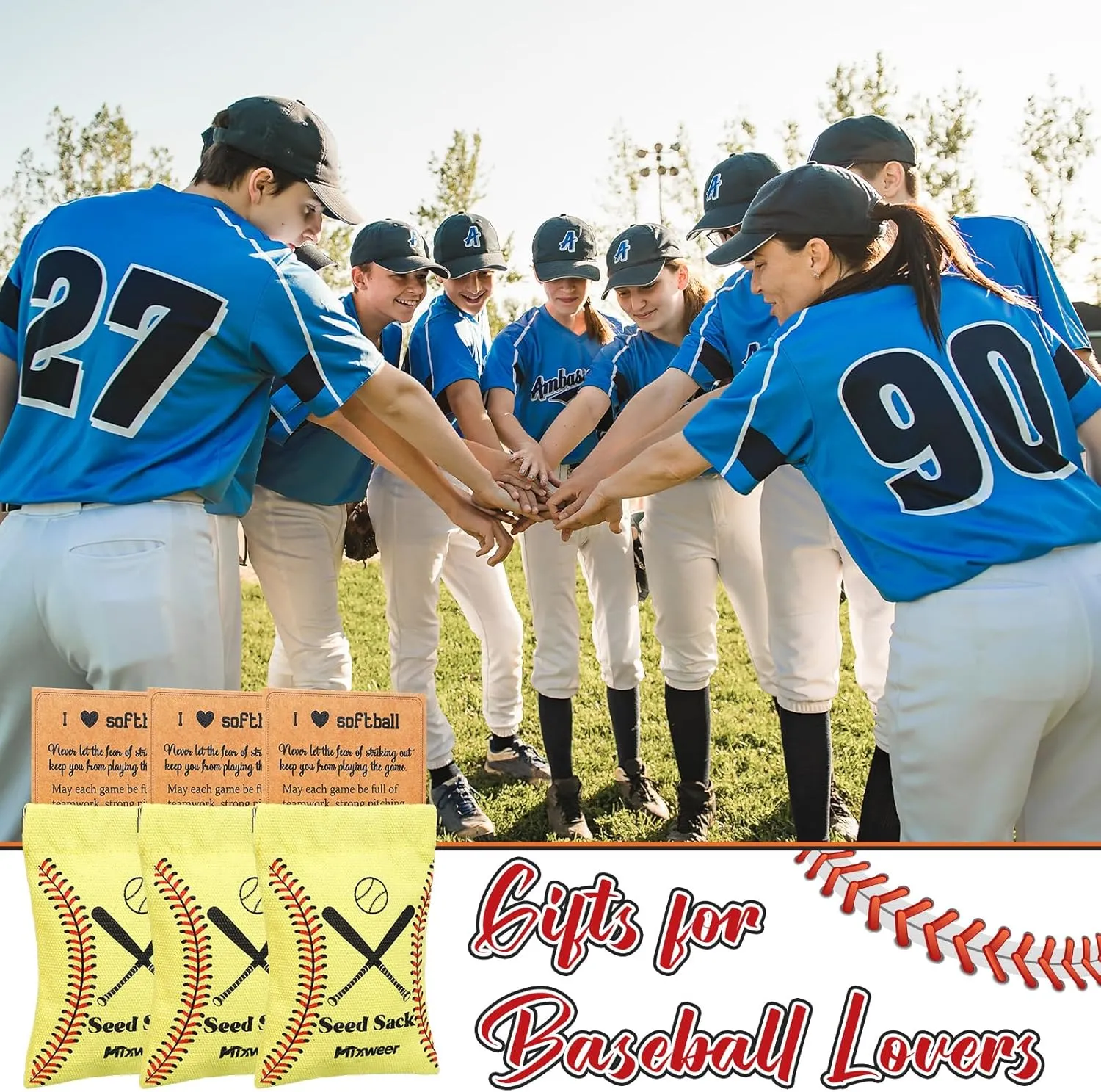 Mixweer 12 Sets Seed Sack Bags for Team with Message Gift Card Seed Sack for Sunflower Seed Sack Bags for Players Personalize Team Gift Bags for Party