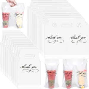 MJOGGOTT 500 Pack Clear Plastic Drinking Bags, Cup Carrier with Handle, Thank You Disposable Cup Holder for Drinks Beverage, Coffee, Juice, Stores, Bar Restaurant Take Out, Hold 1 and 2 Cups