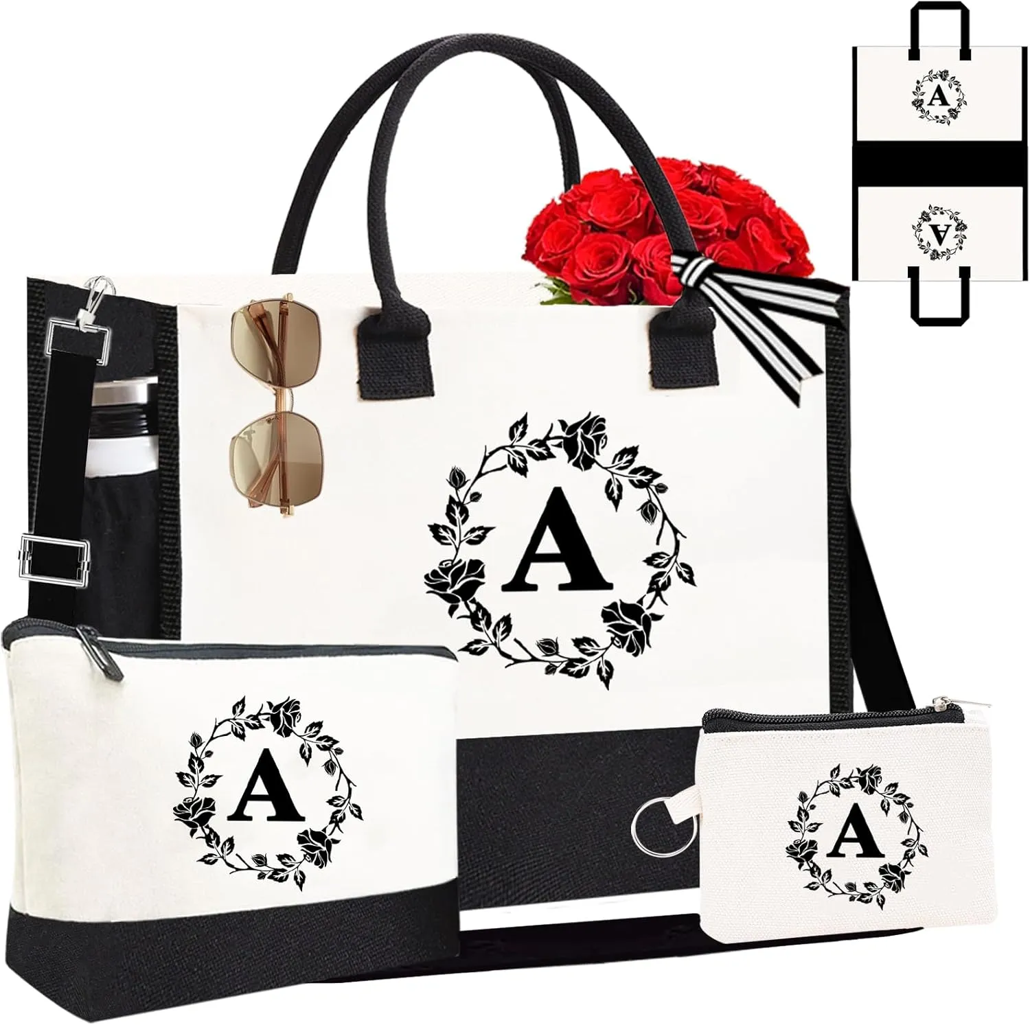 Monogram Personalized Initial Canvas Tote Bags for Women, Double-sided Embroidery Tote Beach Bags Gifts for Women